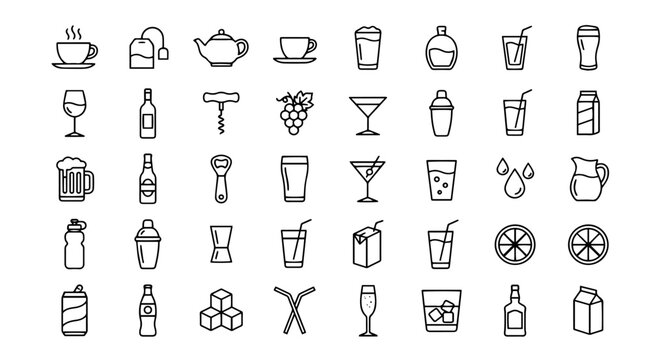 Drinks, beverage, alcohol, and bar line icons set vector illustration.