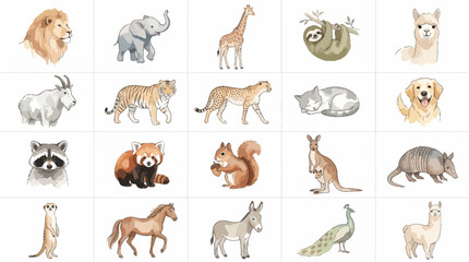 Fototapeta premium Watercolor Cute Animal Clipart Vector Set, Hand Painted Wild Animals and Domestic Pets Collection, Nursery Decor Illustrations