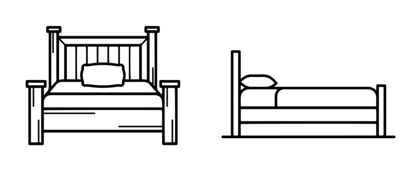 Double bed front and side view line icon set furniture vector.