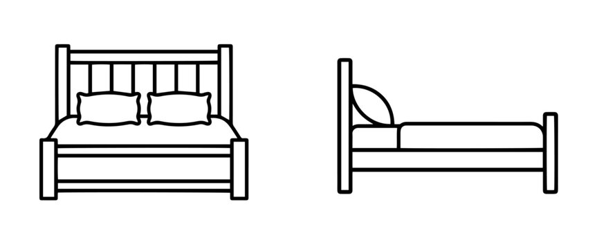 Wooden bed furniture front and side view line art icons vector set.