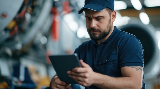 Aviation technician using digital tablet for diagnostics near aircraft fuselage