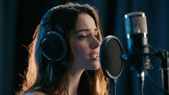 Singer Recording in Studio: A young woman with headphones on intensely focuses as she sings into a professional microphone in a dimly lit recording studio, her passion evident in her expression.