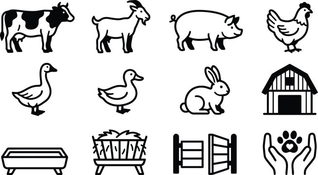 Set of farm animal icons including cow, goat, pig, chicken, goose, duck, rabbit, barn, trough, hay feeder, gate, and pet care symbol