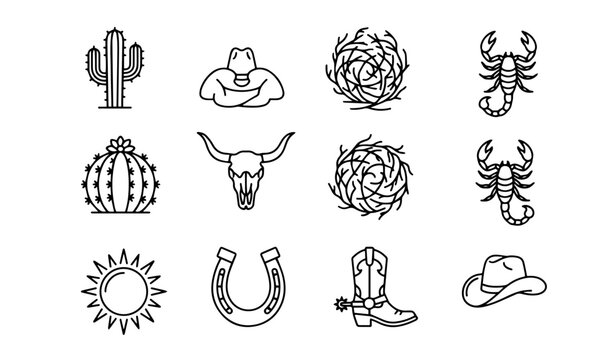 Wild West and desert western line art icons vector set.