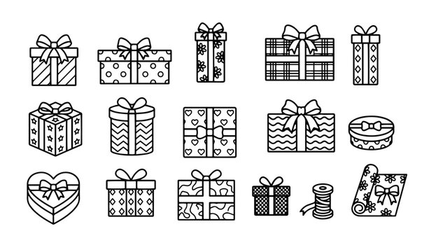 Gift box, present, ribbon, and wrapping paper line icons set vector