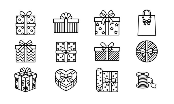 Gift boxes and present wrapping line art icons vector set.