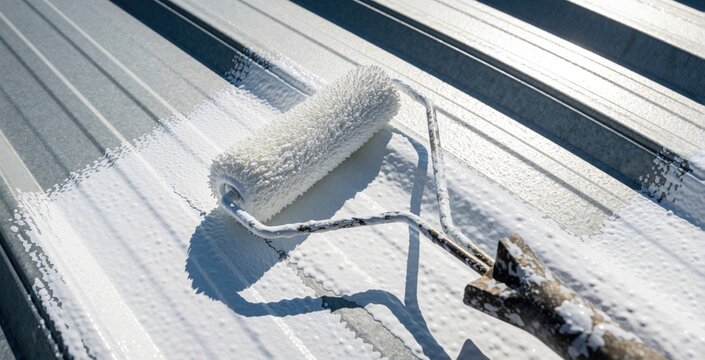 Worker applies white paint to corrugated metal roof using long handle roller. Person performs home renovation industrial maintenance on steel sheet surface. Protective coating covers old metal to