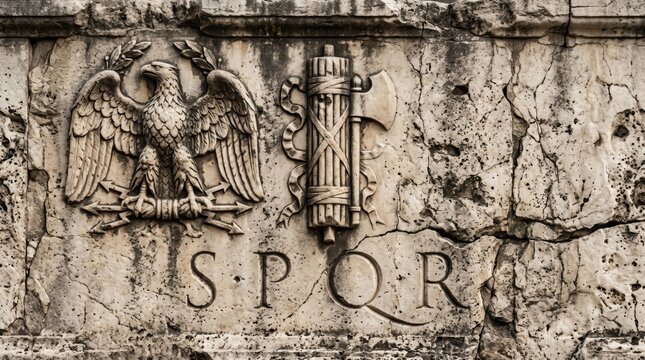 Ancient Roman stone relief with SPOR inscription, carved eagle, and fasces symbol