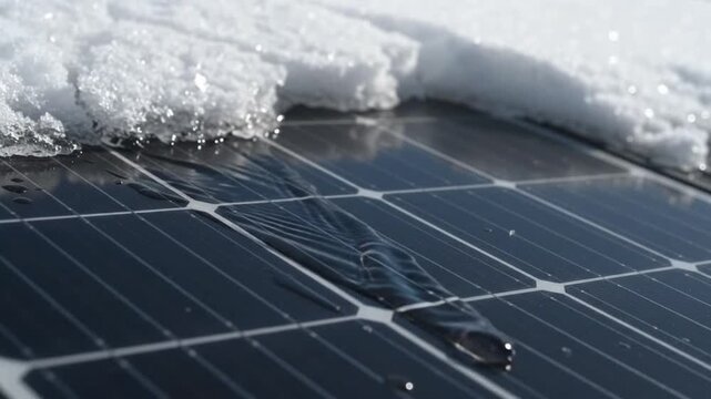 Solar Panel Covered in Melting Snow with Water Droplets Dripping in a Snowy Mountain Environment
