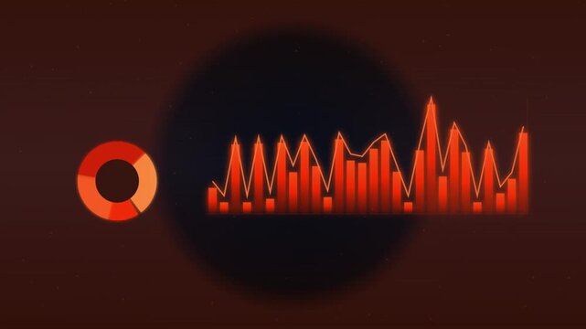 Animated red financial bar graph and pie chart data visualization for business analytics and market trends