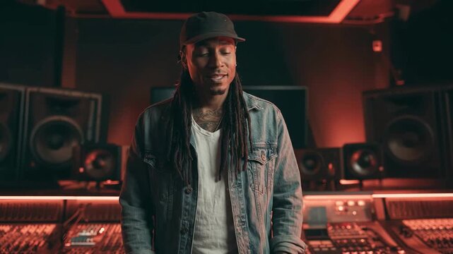 Producer in Sound Studio: A thoughtful man with dreadlocks, wearing a cap and denim jacket, stands amidst the professional audio equipment of a recording studio.
