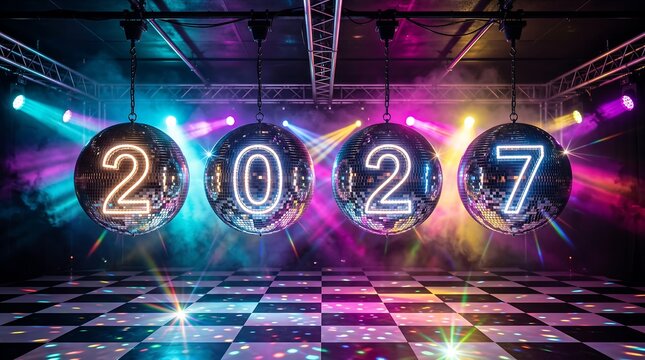 Four glittering disco balls displaying the glowing numbers 2027 hanging suspended over a checkered dance floor in a colorful, illuminated nightclub setting for New Year celebration.