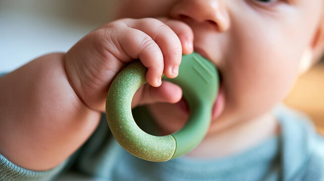 Close-up of a faceless baby boy chewing on a green textured silicone teething ring, sensory relief concept, with copy space