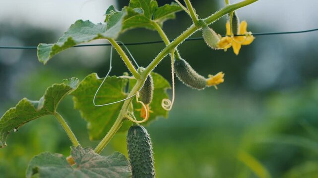 Fresh green cucumbers growing on vine in organic garden during sunset with cinematic camera movement.