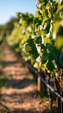Long rows of leafy grapevines forming a dense vineyard corridor, dry grass and support posts visible, rural agricultural wine farming scene, with copy space