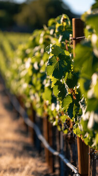 Long rows of leafy grapevines forming a dense vineyard corridor, dry grass and support posts visible, rural agricultural wine farming scene, with copy space