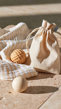 Minimalist eco-friendly baby set featuring an organic cotton drawstring bag, muslin cloth and a natural rubber sensory ball on a stone surface, with copy space