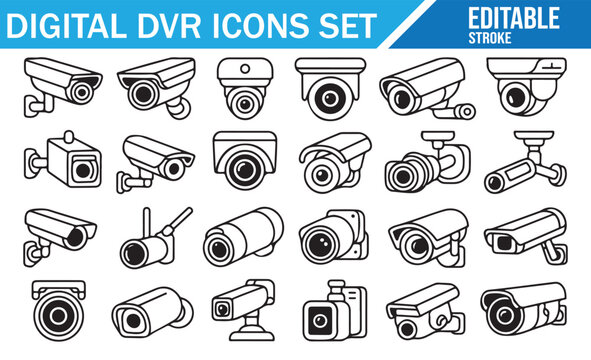 Security Camera and DVR Icons, CCTV Monitoring and Digital Surveillance Line Art Collection