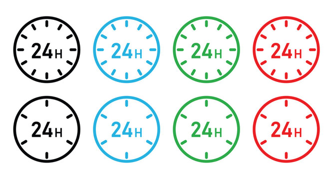 Colorful 24 hours open service clock icon set in black, blue, green, and red vector design.