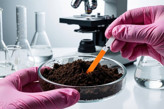 Scientist in pink gloves tests soil ph level with orange indicator strip in lab. Close up of person holding petri dish with dark dirt for chemical analysis. Microscope, glass beakers in background