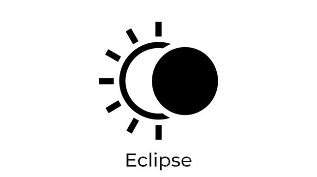 Minimalist black solar eclipse vector icon design featuring glowing rays and dark lunar shadow silhouette representation
