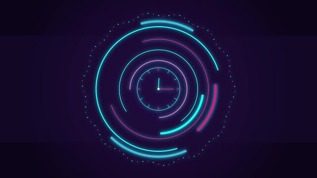 Futuristic digital clock animation with glowing neon circles and rotating interface elements for tech background.