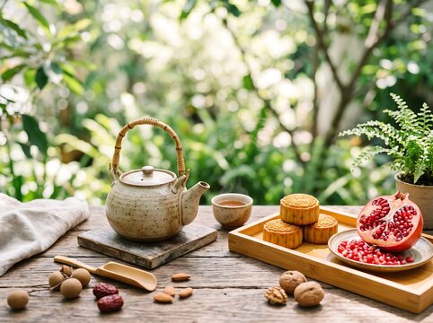 Serene outdoor tea setting with mooncakes and pomegranate on a wooden table