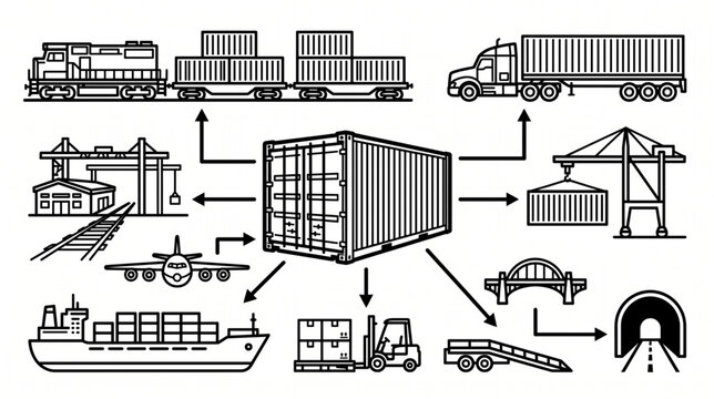 Intermodal Freight Transportation Diagram, Illustrating Logistics and Supply Chain Flow