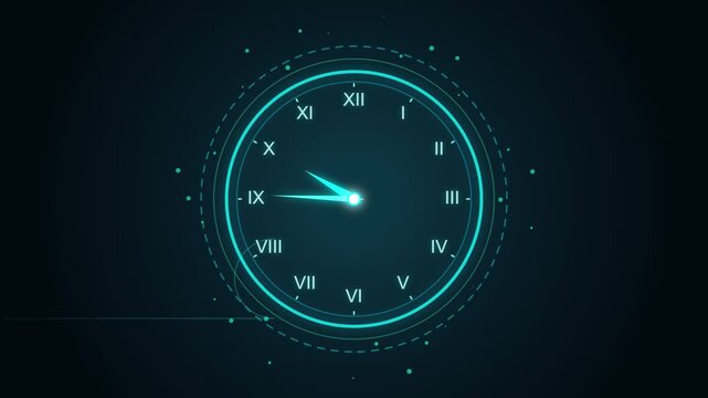 Futuristic digital clock with roman numerals spinning rapidly on glowing HUD interface against dark background.