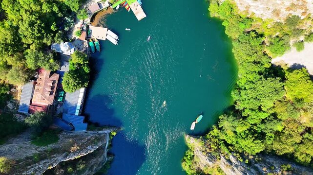 Aerial View of Matka Canyon in North Macedonia, Turquoise Lake and Dramatic Mountain Landscape