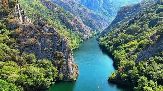 Aerial View of Matka Canyon in North Macedonia, Turquoise Lake and Dramatic Mountain Landscape