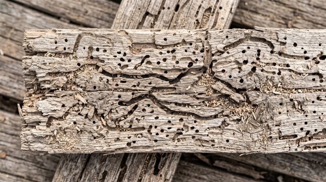Close-up of weathered wooden plank heavily damaged by wood-boring insects showing intricate tunnels and holes
