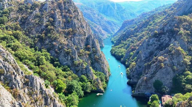 Aerial View of Matka Canyon in North Macedonia, Turquoise Lake and Dramatic Mountain Landscape