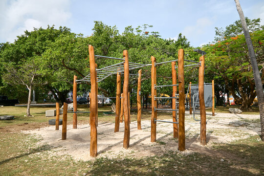 Wooden calisthenics workout station with monkey bars in a green public park with flowering trees.