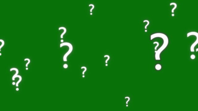 Flying white glowing question marks icon motion graphics on green screen chroma key, questions marks animated flying particles explosion videos, concept quiz, education, riddle, puzzle, secret, 4k