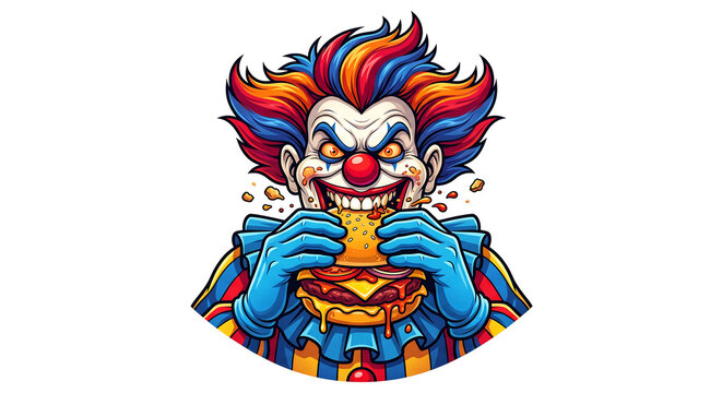 Evil clown eating a cheeseburger illustration isolated on transparent background for creative graphic design projects