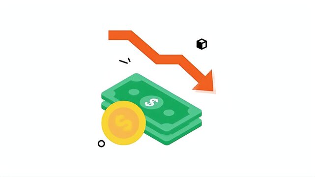 Financial loss concept illustration showing a downward trend arrow pointing at a stack of cash and a golden coin representing economic decline and market volatility