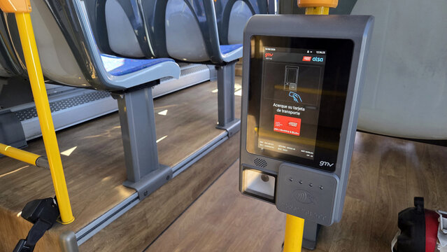 COLMENAR VIEJO, SPAIN - SEPTEMBER, 05, 2026. Card payment terminal on a madrid bus
