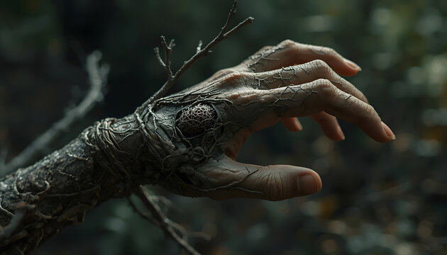 Branch structure mimicking human hand with fingers extended hybrid texture