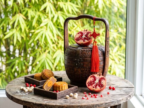 Traditional Chinese Mooncake and Pomegranate on Wooden Table by Window