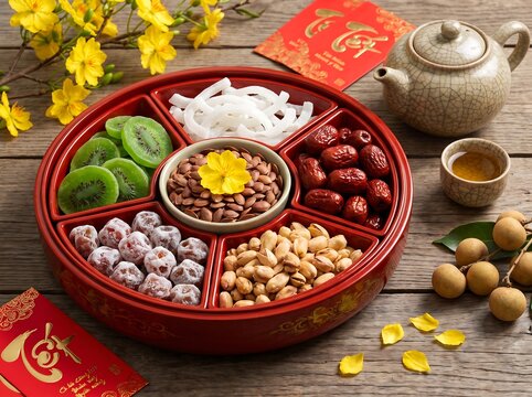Traditional Lunar New Year snack tray with assorted nuts and dried fruits on wooden table