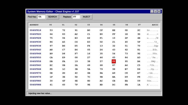 Computer Memory Hex Editor Software Interface Displaying System Hacking