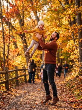 Father Playing With Daughter in Autumn Forest