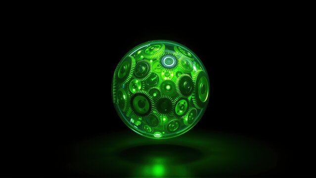 Glowing green sphere. Complex internal mechanisms visible. Dark background emphasizes bright object. Futuristic design, intricate details.
