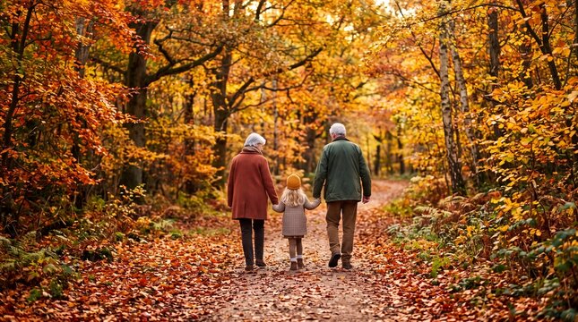 Grandparents Walking With Granddaughter in Autumn Forest