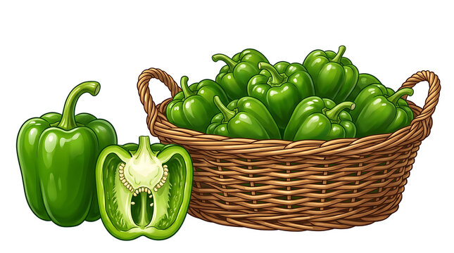 Fresh Green Bell Peppers in Wicker Basket Isolated on Transparent Background Illustration Stock Asset