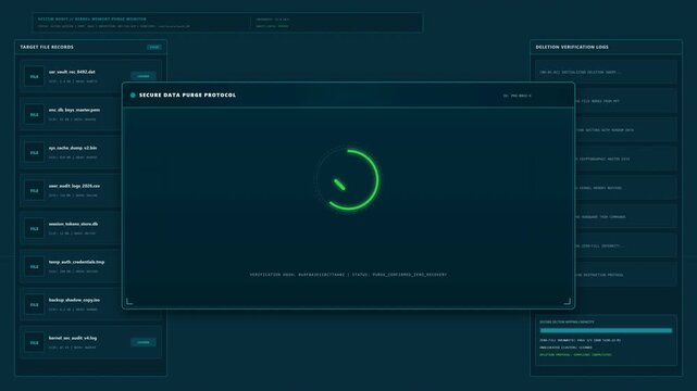 Futuristic cybersecurity interface showing successful file deletion and system verification with digital data panels, technical HUD elements and green confirmation checkmark.