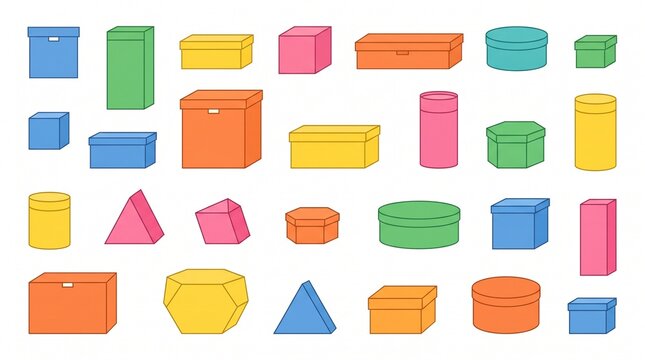 Set of colorful geometric box icons in various shapes with prisms arranged white background