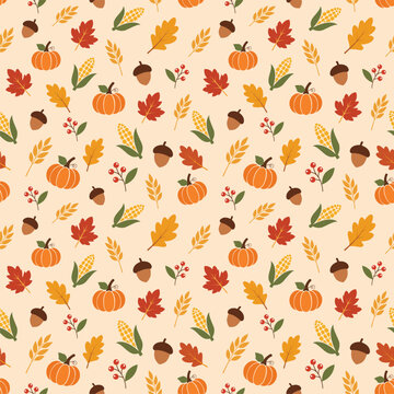 Thanksgiving Autumn Seamless Pattern with Pumpkins, Maple Leaves, Acorns and Corn Vector