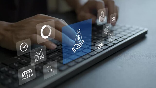 Budget and financial planning concept. Person typing on keyboard with growth chart and money allocation icons, smart corporate budget forecasting and expense control system.